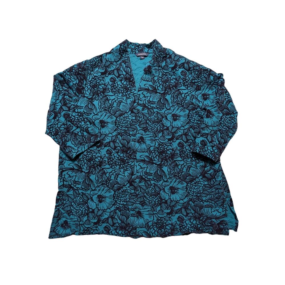 Land's End green & black velvet floral  tunic shirt, Women's  1X;  3/4 sleeves